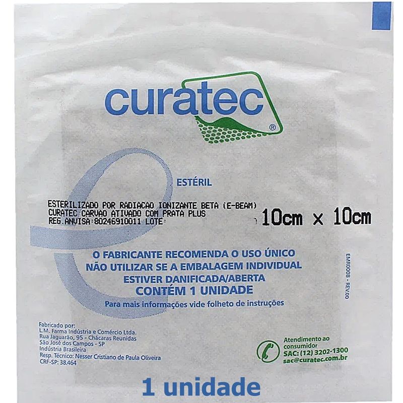 Embalagem do Curativo de Carvão Ativado com Prata Plus Curatec 10x10 cm