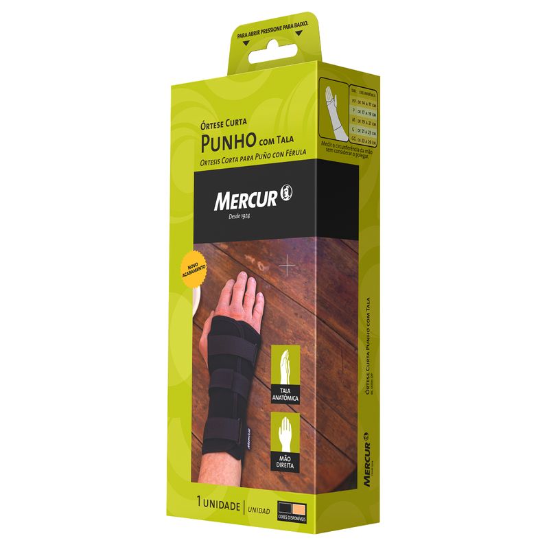 Embalagem da órtese curta com tala Mercur preta ¿ punho direito