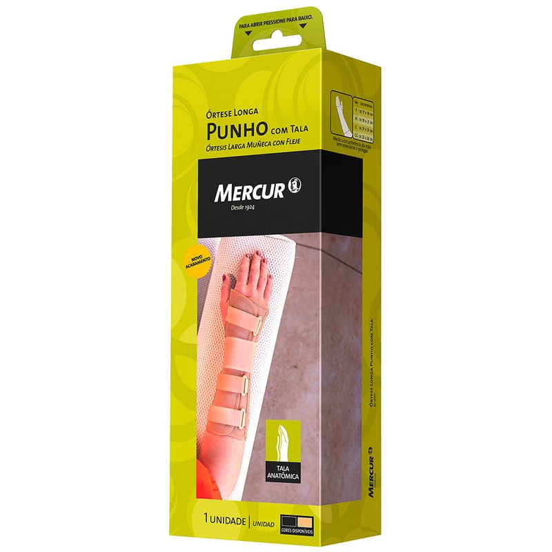 Embalagem da órtese longa para punho Mercur preta com tala ¿ lado direito