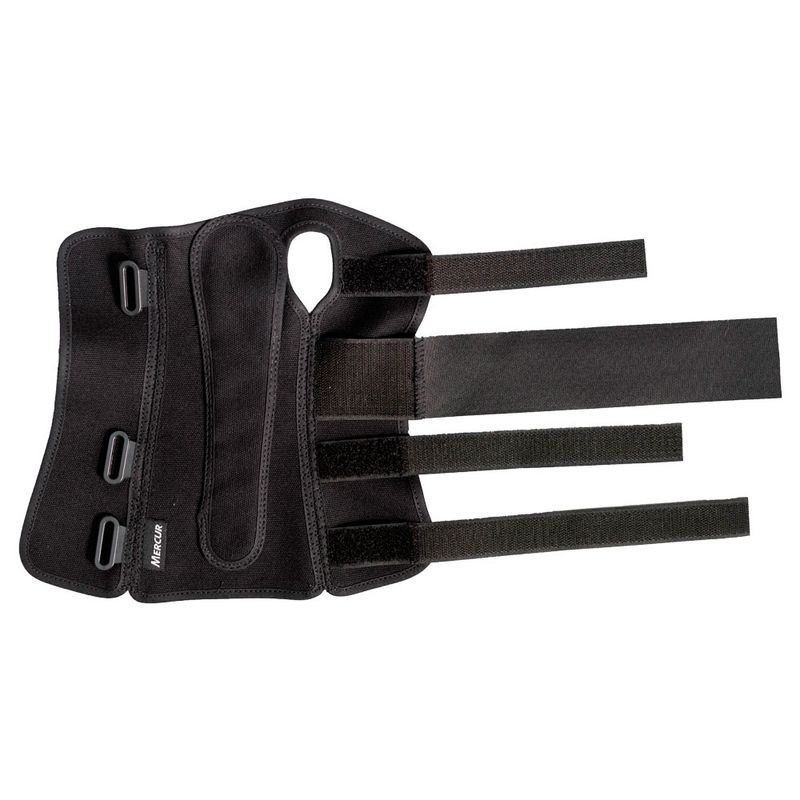 Órtese longa com tala Mercur preta ¿ vista aberta do produto para punho direito