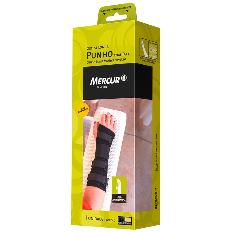 Embalagem da órtese longa para punho Mercur preta com tala ¿ lado direito